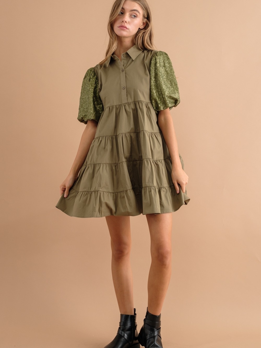 2-0914 Olive Puff-Sleeve Sequin Tiered Mini Midi Dress